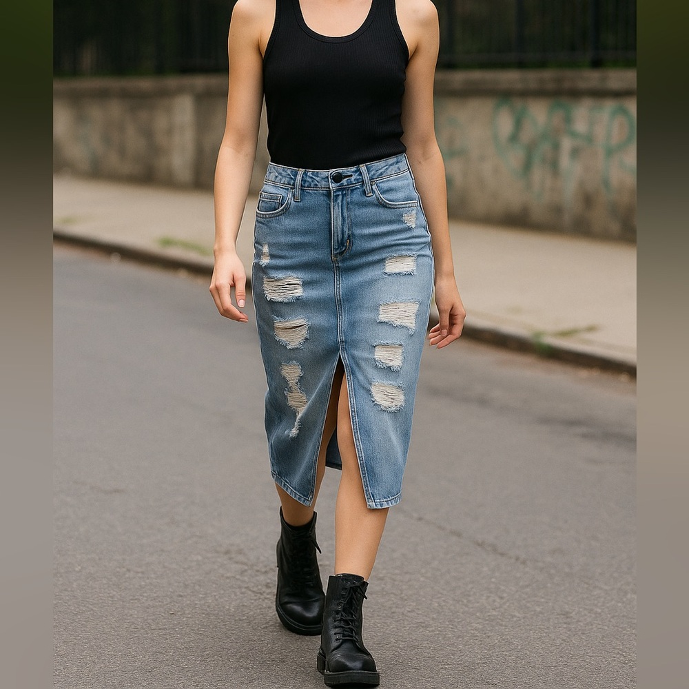 Black Orchid Distressed Denim Midi Skirt 28 | High Slit Y2K Grunge Streetwear